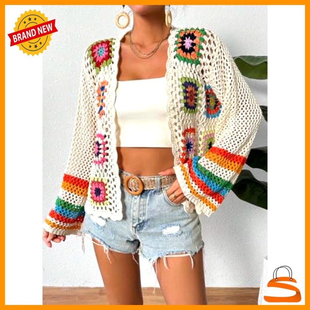Floral Crochet Cardigan, Long Sleeve Open Front Sweater, Loose Fit Acrylic - Picture 3 of 6